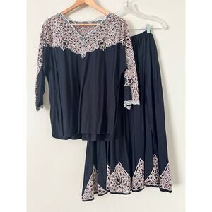 Vintage 80s Bali Emerald Design All Size OS Macrame Set Top Skirt Black Art